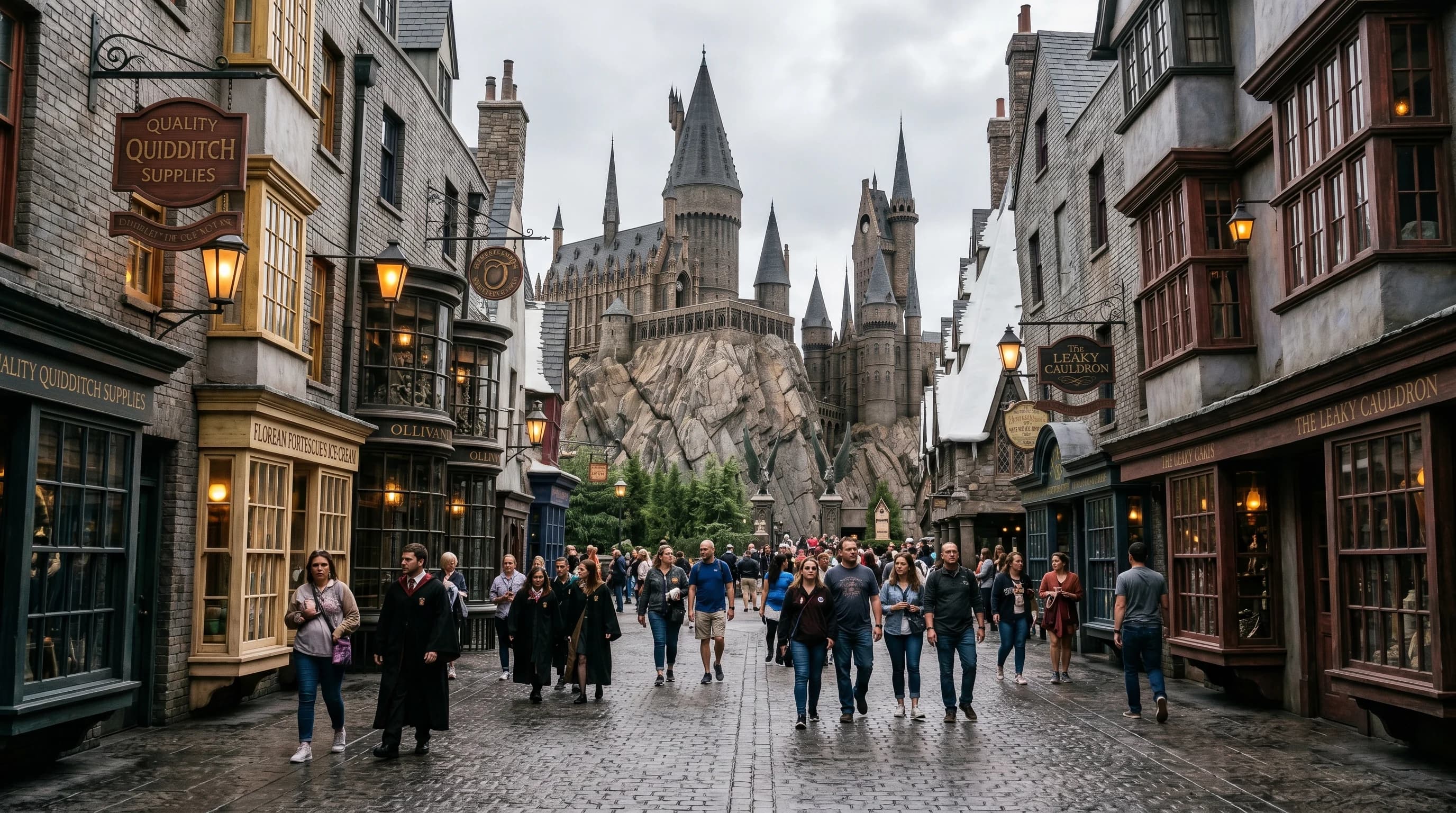 Vila de Hogsmeade com castelo de Hogwarts ao fundo no Universal Orlando